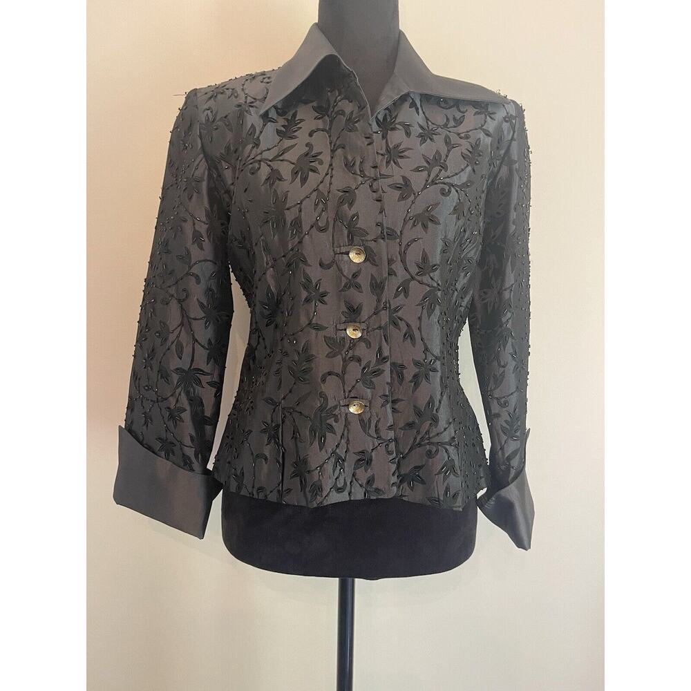 JS Collection blazer 4 black embroidered beaded floral design 100% acetate